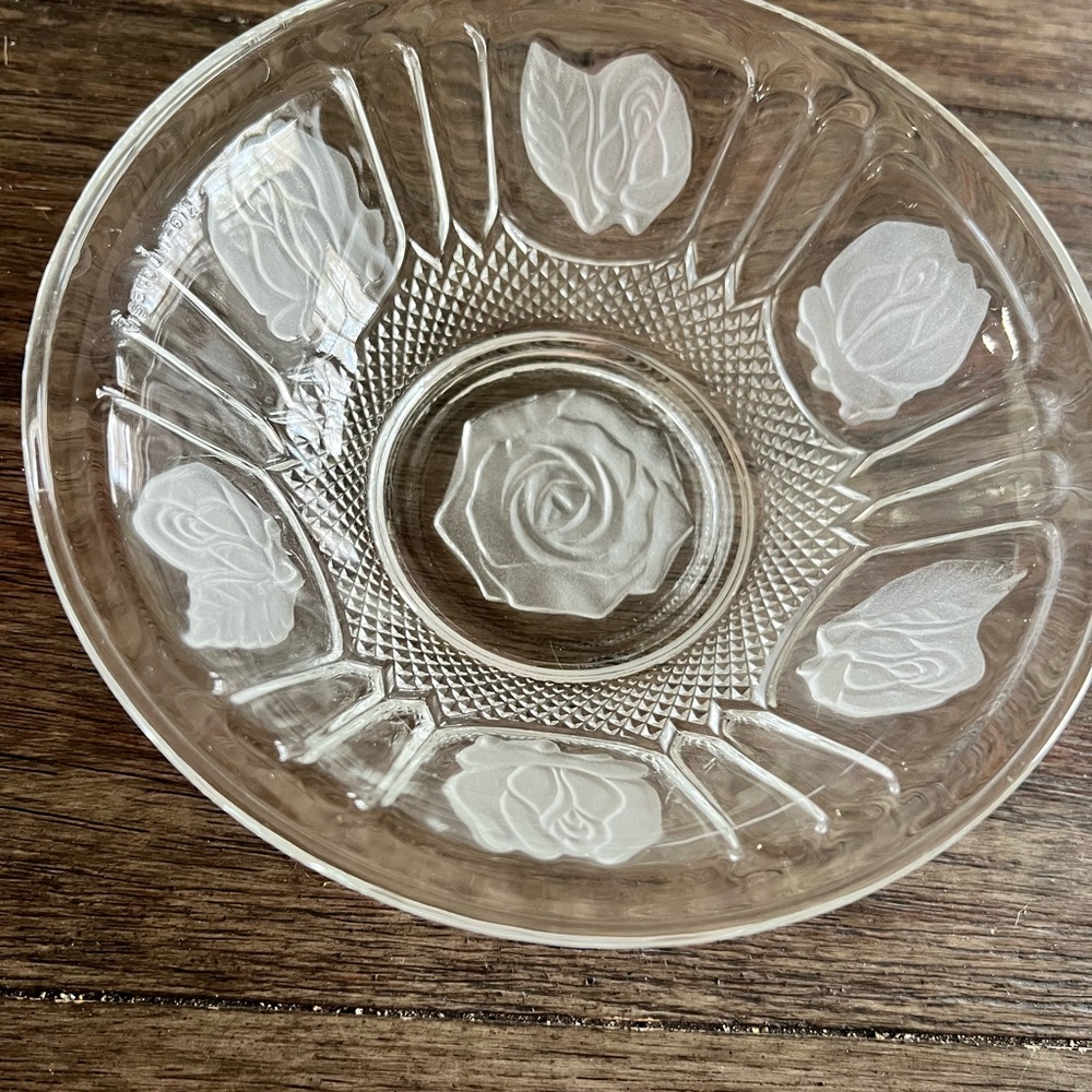 Vintage Kig Indonesia Clear Glass Bowl with Rose Design